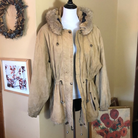 Shea Paris Vail size 14 Suede Leather & Fur Parka Made in USA Cinched Waist Tan - Picture 4 of 16